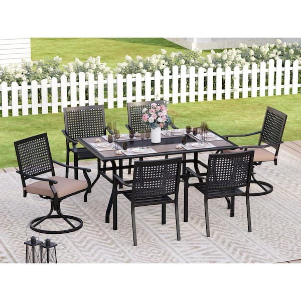 PHI VILLA Black 7-Piece Metal Patio Outdoor Dining Set with Wood-look Tabletop and Swivel Chair with Beige Cushions