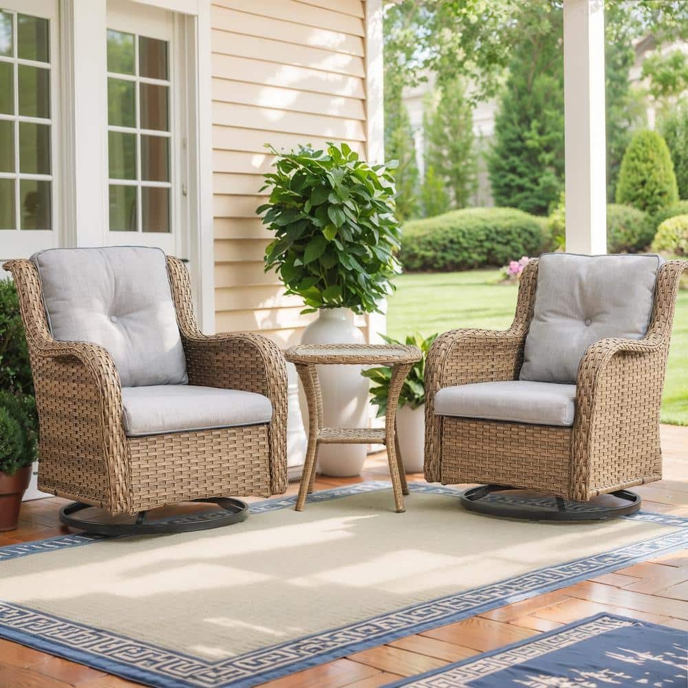 moosprr Yellow 3-Piece Wicker Outdoor Rocking Chair Patio Conversation Set with Beige Cushions and Side Table