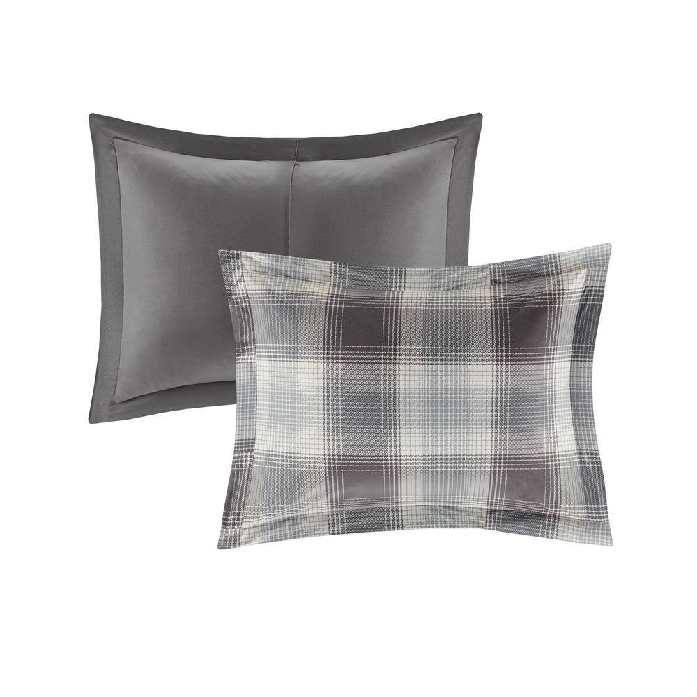 Gray Full/Queen Down Alternative Comforter Set with Plaid Pattern