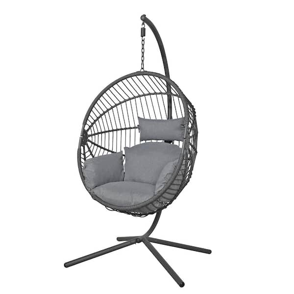 Freestyle Wicker Grey Indoor Outdoor Porch Swing Egg Chair with Grey Cushions
