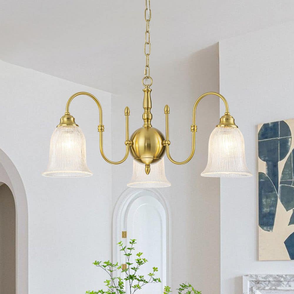 27 in. 3-Light Vintage Gold Metal Chandelier with Frosted Glass Bell Shades for Dining Rooms price history on PriceWatchPro