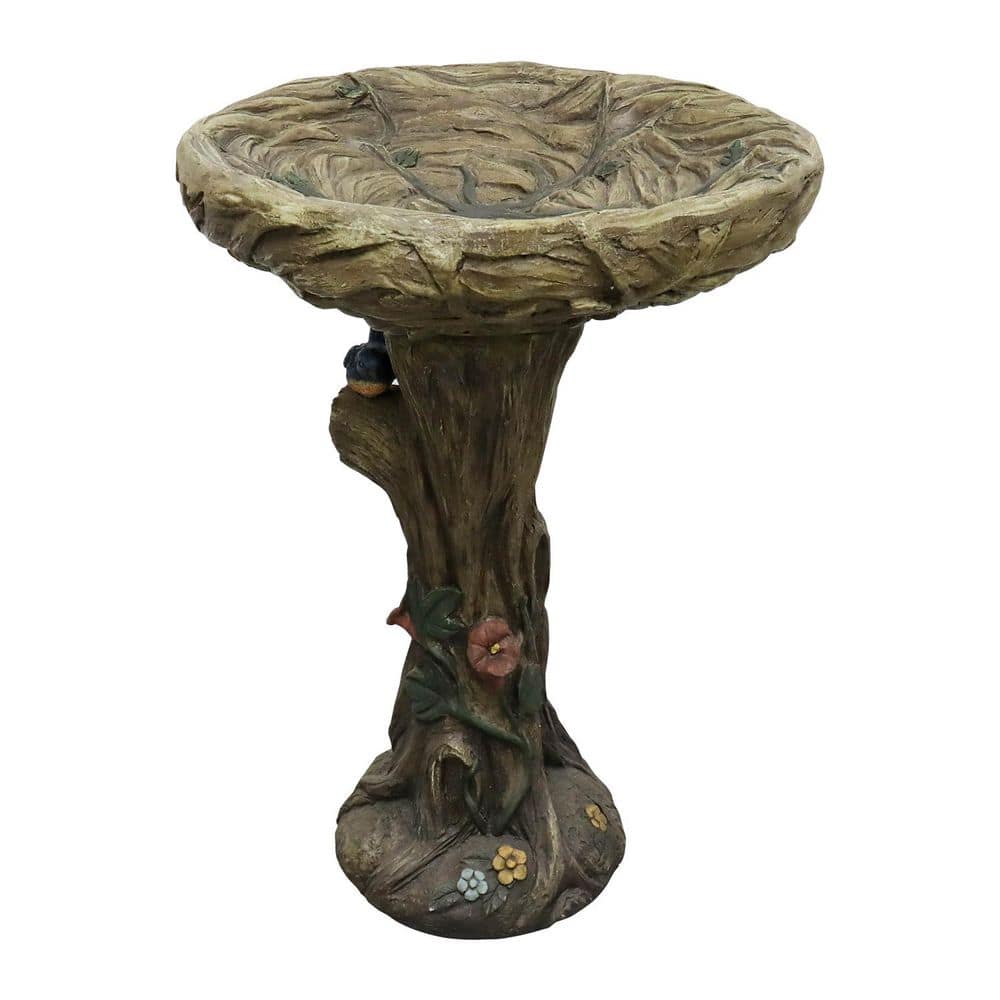 Watnature 25. 5in. Cement Outdoor Garden Birdbath with Birds, Woodland Tree Trunk Decor Yard Statue, Pedestal Birdbaths for Garden 30027a
