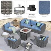 Messi Grey 8-Piece Wicker Outdoor Patio Fire Pit Conversation Sofa Set with Swivel Chairs and Denim Blue Cushions