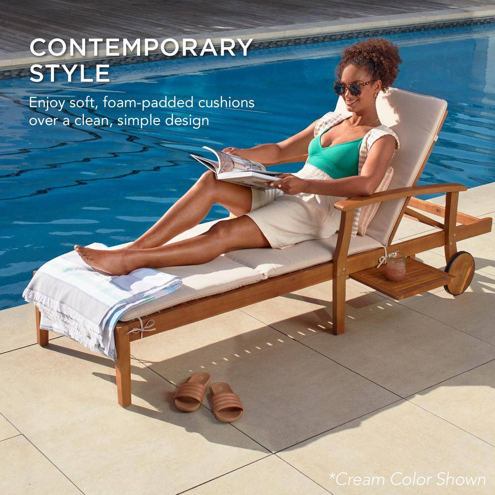 Gray Acacia Wood Outdoor Chaise Lounge with Cream Cushions