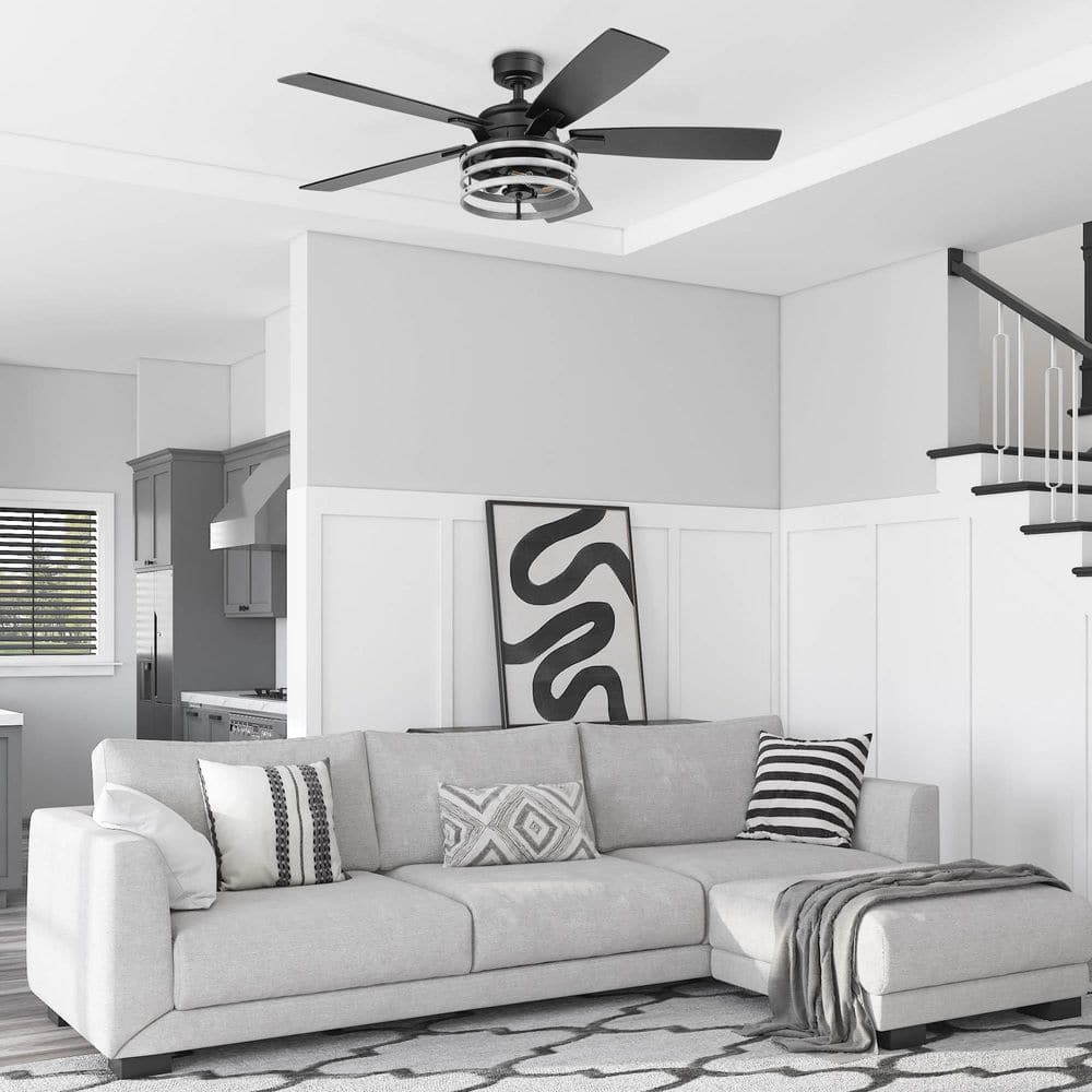 Carnegie 52" Matte Black Industrial Ceiling Fan with LED Lights and Remote