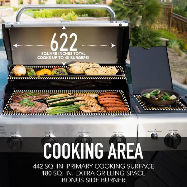 Kenmore 4 Burner Open Cart Propane Gas BBQ Grill with Side Burner, Stainless Steel and Black