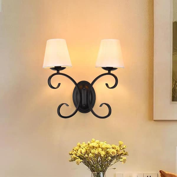 Modern 15.45 in. 2-Light Matte Black Farmhouse Candlestick Wall Sconce with White Fabric Shade