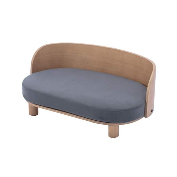 Unbranded Scandinavian Style Elevated Dog Bed Pet Sofa With Solid Wood legs and Bent Wood Back Velvet Cushion Walnut in Dark Gray