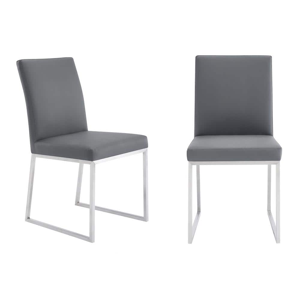 Trevor Brushed Stainless Steel and Gray Faux Leather Dining Chair (Set of 2