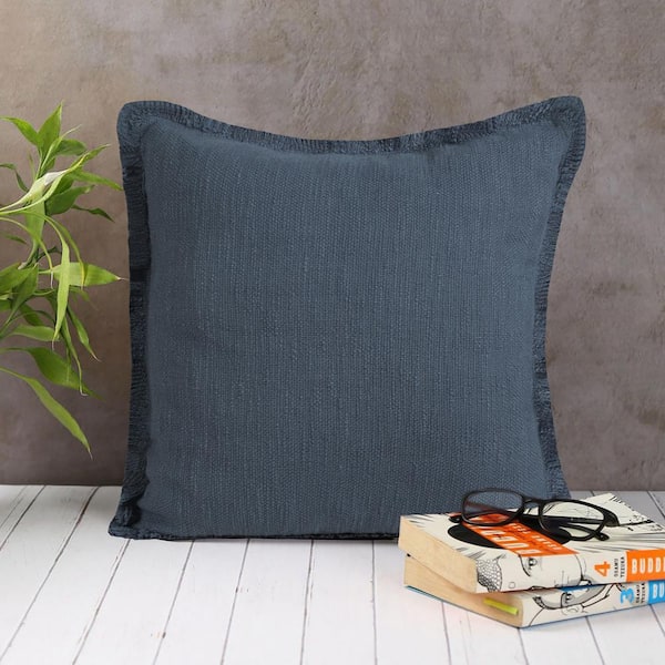 Unbranded Unique Navy Blue 20 in. x 20 in. Neutral Fringe Solid Cotton Indoor Throw Pillow