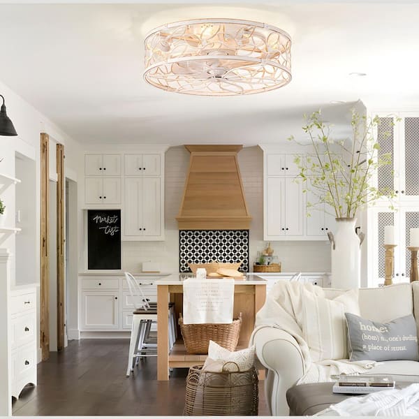 18 in. Indoor Elegant White Gold Quiet Flush Mount Caged Ceiling Fan with Remote Control Included