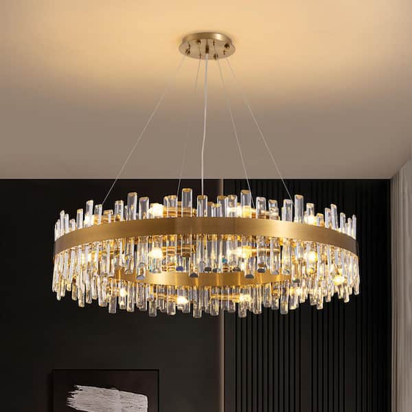 39.4 in. Modern 24-Light Brass Gold Crystal Chandelier Circle Round 2-Tiers Chandelier for Dining Living Room Bedroom