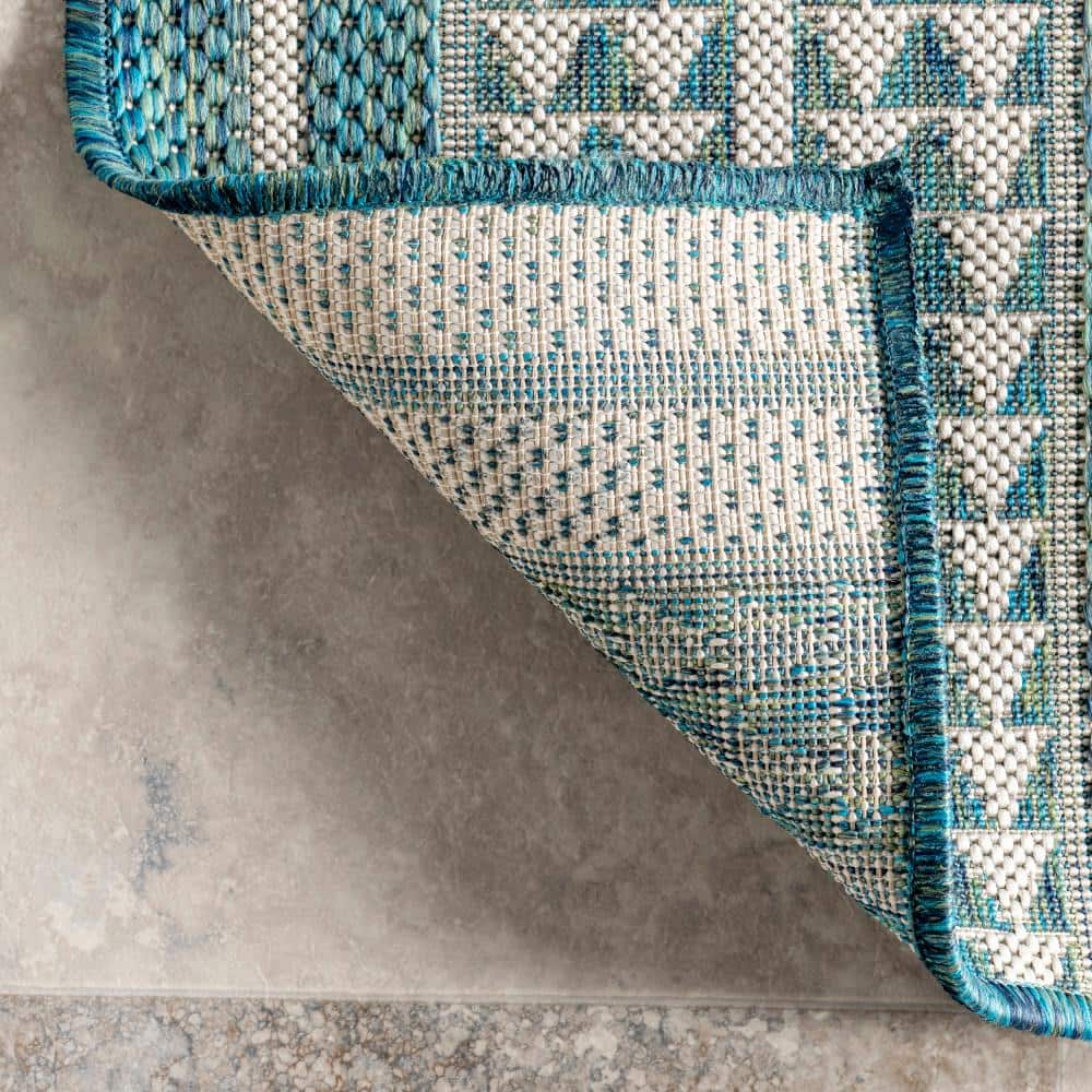 Geometric Light Brown and Green Synthetic Indoor/Outdoor Rug