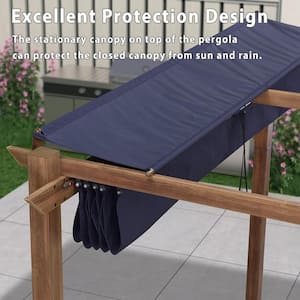 10 ft. x 13 ft. Natural Wood Grain Aluminum Pergola with Navy Blue Retractable Sun Shade Canopy and Extra Top Roof