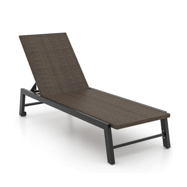 Wicker Outdoor Chaise Lounge with Wheels, Adjustable Backrest, Patio Lounge Chair for Garden Poolside Sunbathing