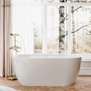 59 in. Stone Resin Flatbottom Solid Surface Freestanding Non-Whirlpool Oval Soaking Bathtub in Glossy White