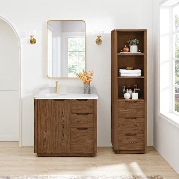 Abuja 36 in. W x 22 in. D x 33.9 in. H Single Bath Vanity in Oak Weathered Brown with White Engineered Stone Top