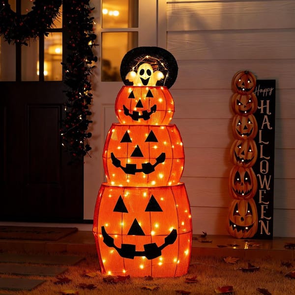 48 in. H Lighted Halloween 3D ExtendableFabric Jack-O-Lantern Plug-in Outdoor Decor 120 Warm White LED Lights