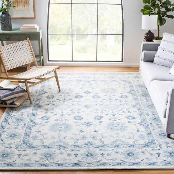 Micro-Loop Blue/Ivory 8 ft. x 10 ft. Border Floral Area Rug
