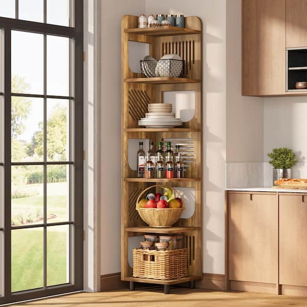 Eulas 71.85 in. Tall Yellow Wood 5-Shelf Standard Bookcase Storage Rack, Corner Plant Stand Display Shelf Organizer