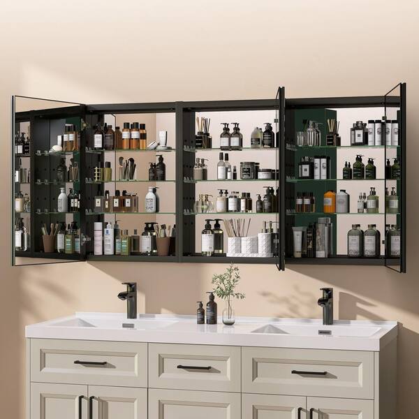Getpro 60 in. W x 30 in. H Rectangular Frameless Black Aluminum Tri-view Recessed or Surface Mount Medicine Cabinet with Mirror