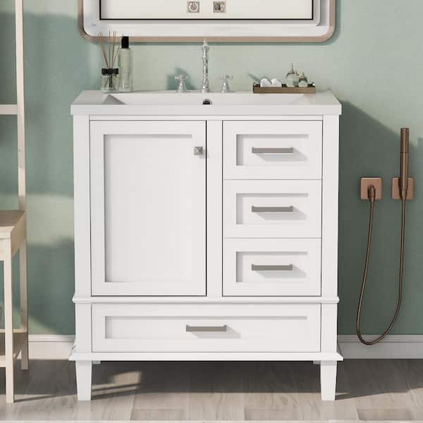 Zeus & Ruta 30 in. W x 18 in. D x 34 in. H Freestanding Bath Vanity in White with White Resin Top with a Door and 3-Drawers