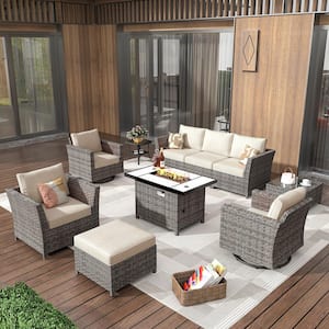 Vesta Gray 10-Piece Wicker Outerdoor Patio Rectangular Fire Pit Set with Beige Cushions and Swivel Rocking Chairs