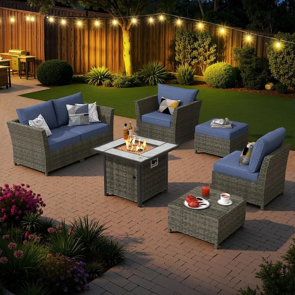 Auris Gray 7-Piece Wicker Outdoor Patio Conversation Seating Set with Fire Pit, Denim Blue Cushions and Coffee Table