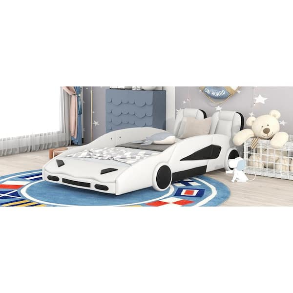 White Wood Frame Twin Size Race Car-Shaped Platform Bed with Wheels