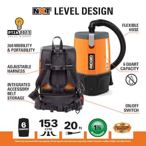 6 Qt. NXT Backpack Vacuum Cleaner with Filter Bags, Locking Accessories and Telescoping Wand for Dry Applications