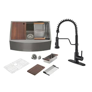 33 in. Farmhouse/Apron-Front Single Bowl 16 Gauge Stainless Steel Workstation Kitchen Sink with Faucet and Accessories