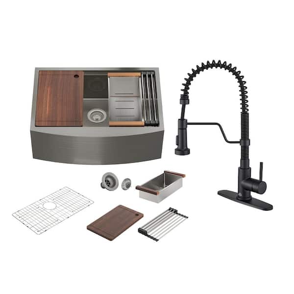 33 in. Farmhouse/Apron-Front Single Bowl 16 Gauge Stainless Steel Workstation Kitchen Sink with Faucet and Accessories