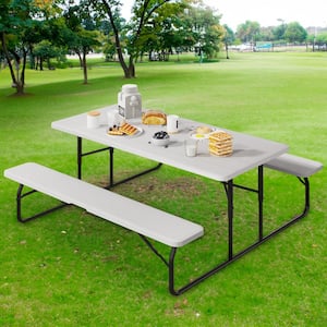 4.5 ft. Rectangular White Steel Frame Outdoor Picnic Table and Bench with Weather Resistant Resin Tabletop and Stable