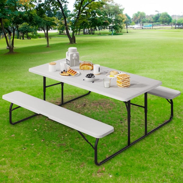 DEXTRUS 4.5 ft. Rectangular White Steel Frame Outdoor Picnic Table and Bench with Weather Resistant Resin Tabletop and Stable