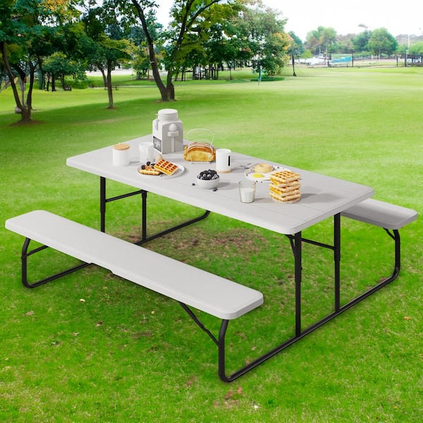 DEXTRUS 4.5 ft. Rectangular White Steel Frame Outdoor Picnic Table and ...