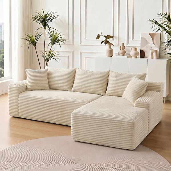 Bexyn Modern 95 in. Corduroy Upholstered L-Shaped Boneless Compressed Modular Sectional Sofa in Beige with Pillows