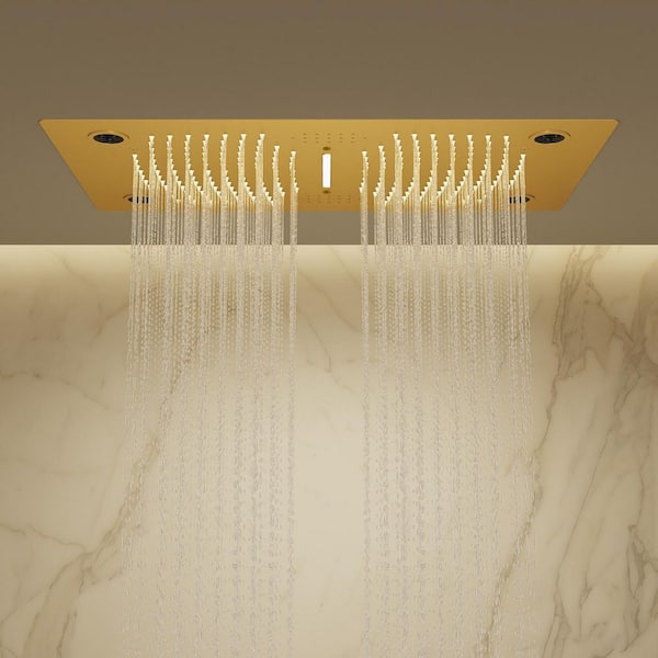 6-Spray Ceiling Mount 28 x 16 in. LED Mood Lighting Music Dual Shower Head and Handheld Shower Head in Brushed Gold
