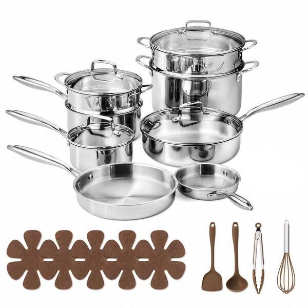 Silver 21 Piece Stainless Steel Cookware Set, Tri-Ply Fully Clad Non Toxic Induction Kitchen Pots and Pans Set