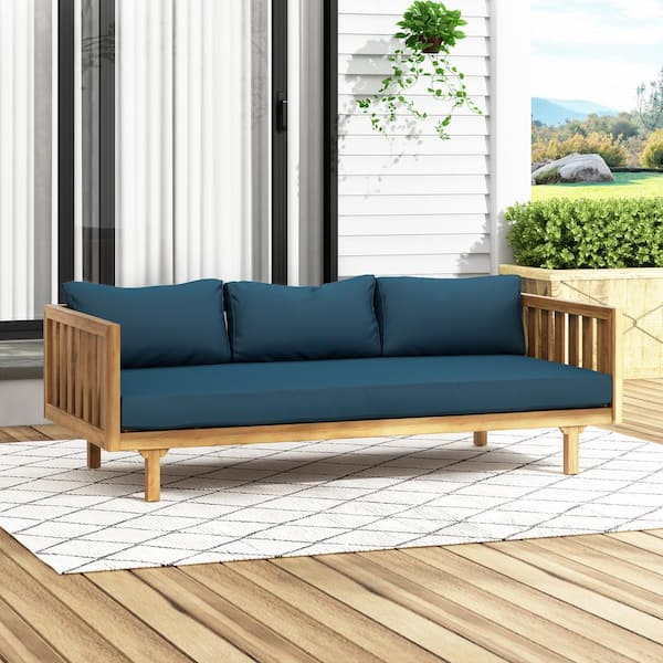 3 Seater PE Wicker Outdoor Garden Patio Furniture Couch Sofa with Blue Cushions Suitable for Patio Garden Backyard