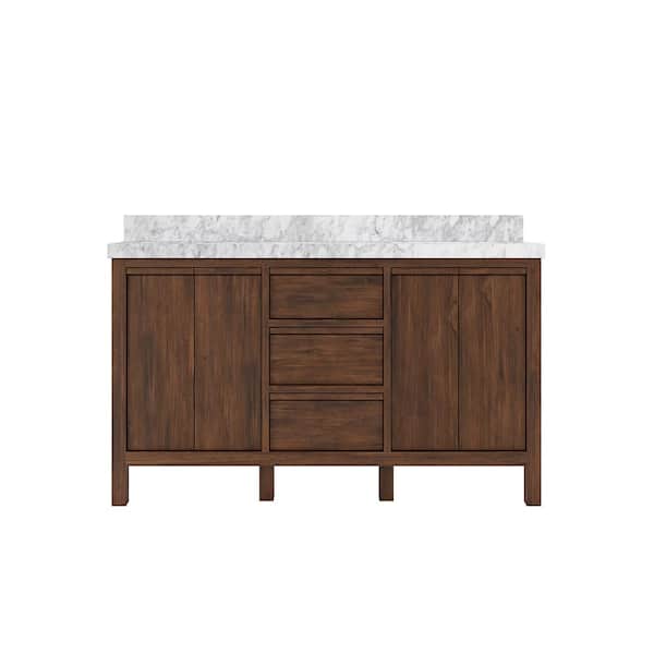 Willow Collections Elizabeth Teak 60 in. W x 22 in. D x 36 in. H Double Sink Bath Vanity in Dark Walnut with 2" Carrara Marble Top
