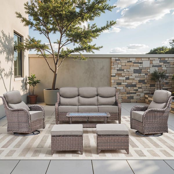 Holion Brown 6-Piece Wicker Patio Conversation Swivel Glider Set Outdoor Sofa Seating Set with 6 in. Gray Cushions