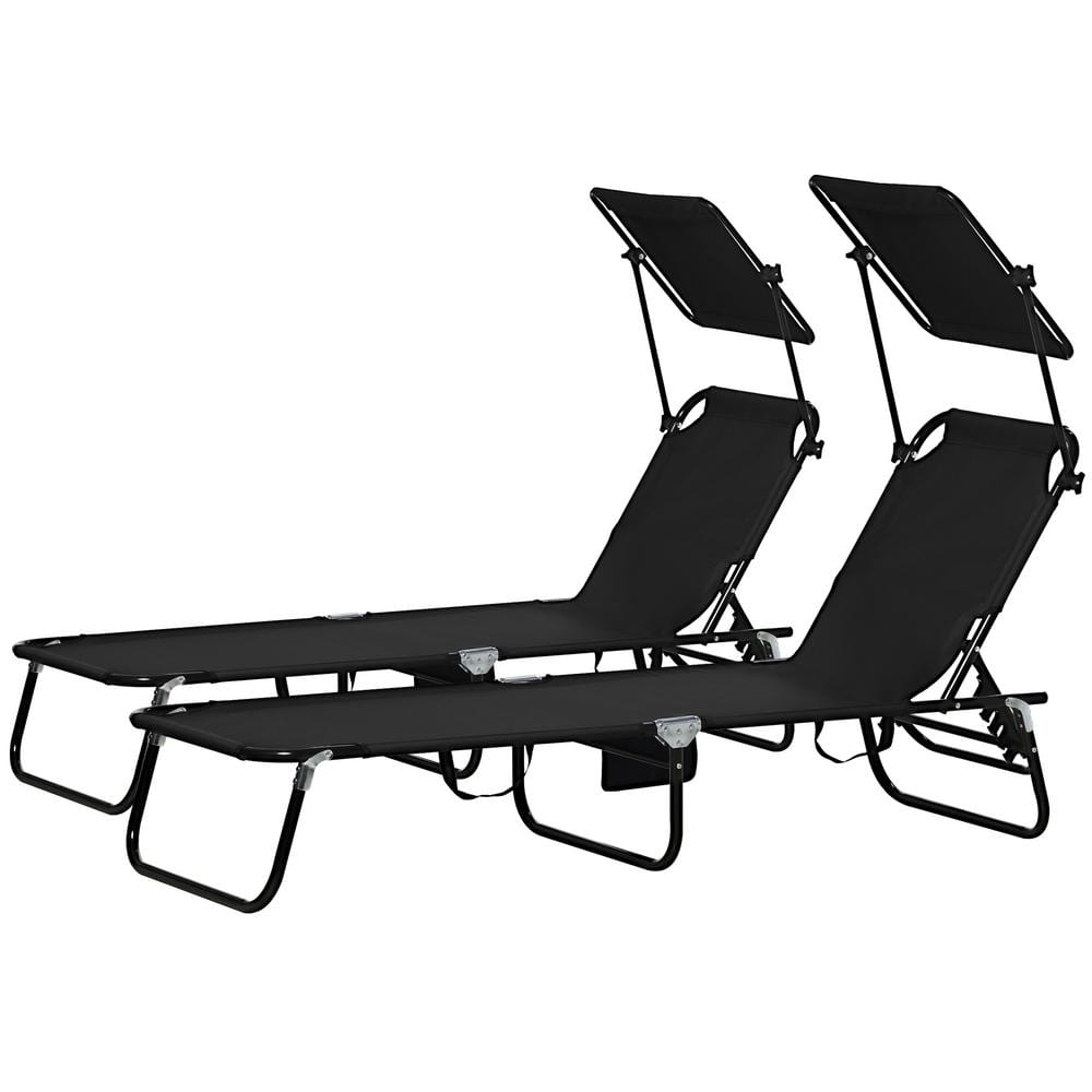 Black Metal Outdoor Chaise Lounge, Folding Reclining Tanning Chairs with Ca