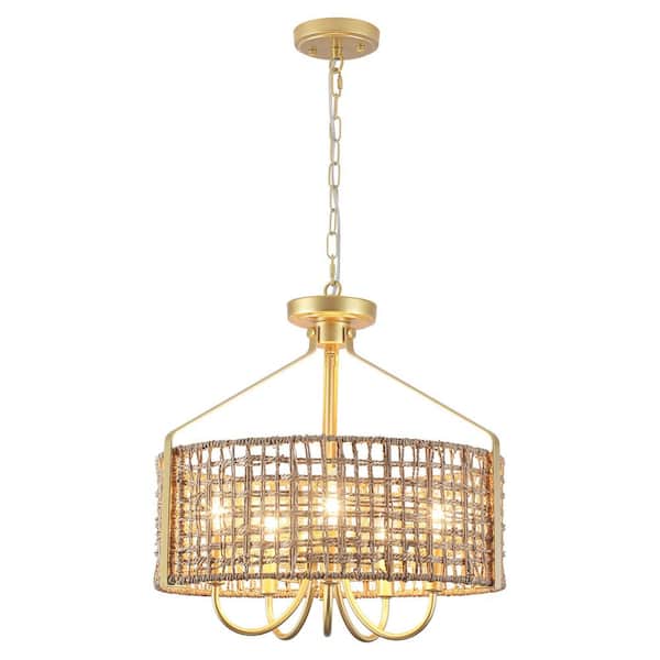 5-Light Gold Modern Chandelier with Seagrass Lampshade Coastal Hanging Light Fixture for Living Room