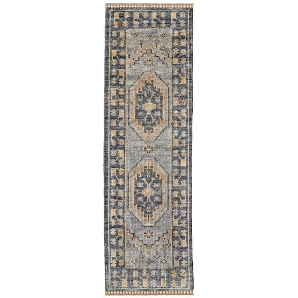 HomeRoots 2 ft. x 10 ft. Blue, Gray, Tan Oriental Runner Rug