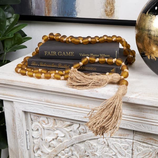 Yellow Handmade Glass Round Long Frosted Beaded Garland with Tassel with Knotted Brown Jute