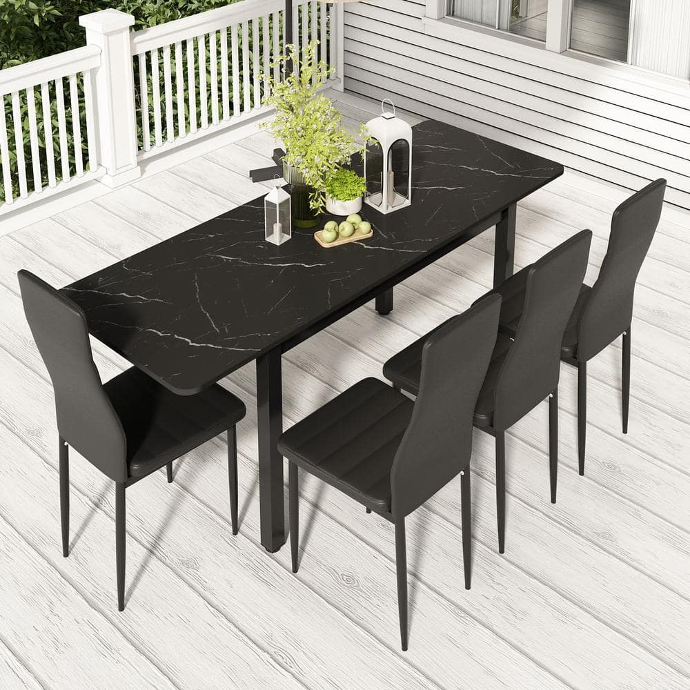 FUFU&GAGA Extendable Black MarbleGrain Wood Dining Table Set with