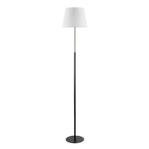 Ren 60" Matte Black Standard Floor Lamp with Matte Brass Accents and White Linen Shade