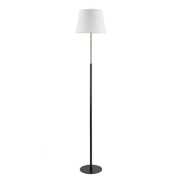 Globe Electric Ren 60 in. 1-Light Matte Black Floor Lamp with Standard Matte Brass Accents and White Linen Shade