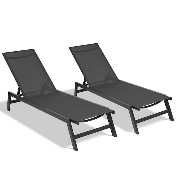Mondawe Modern Aluminum Outdoor Chaise Lounge Chair Adjustable Recliner Chair in Black (Set of 2)
