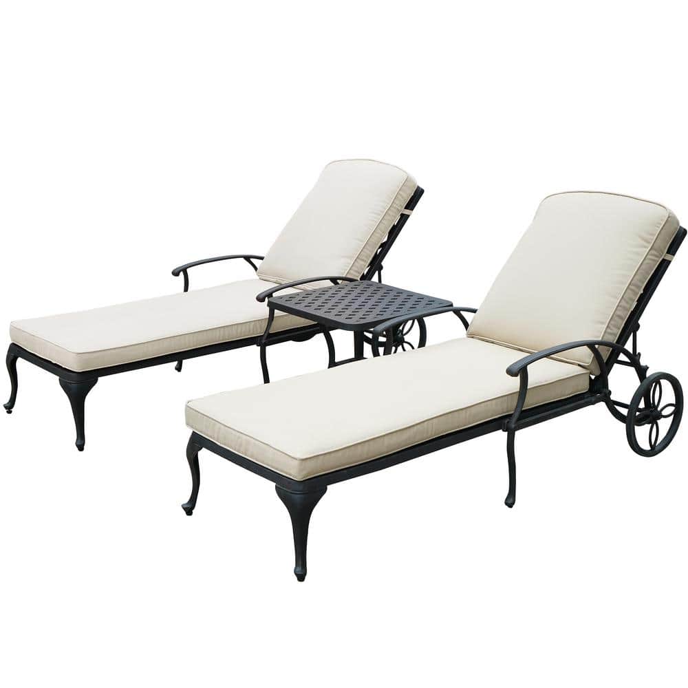 HOMEFUN Antique Bronze Outdoor Reclining Chaise Lounge with Table and Beige Cushions (2-Pack)